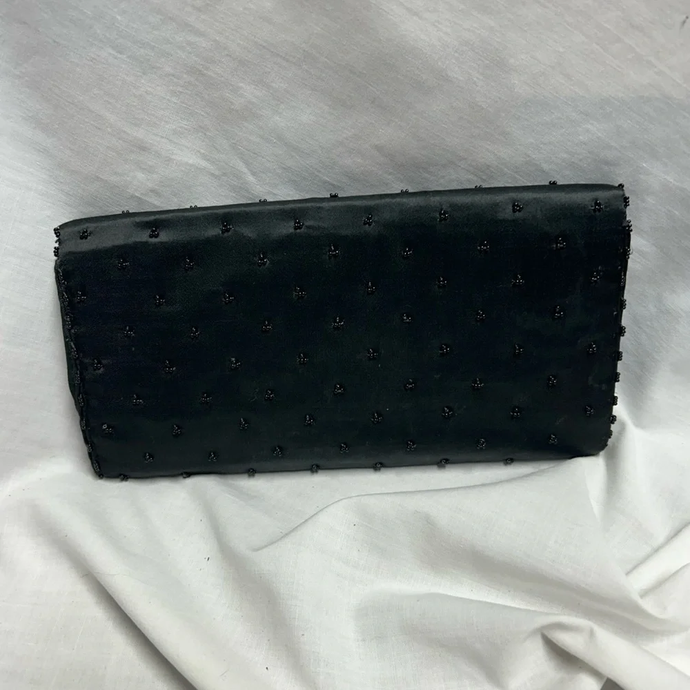 Nice Vintage Art Deco Clutch Black Beaded Sequin Satin Made In Hong Kong - Picture 2 of 9